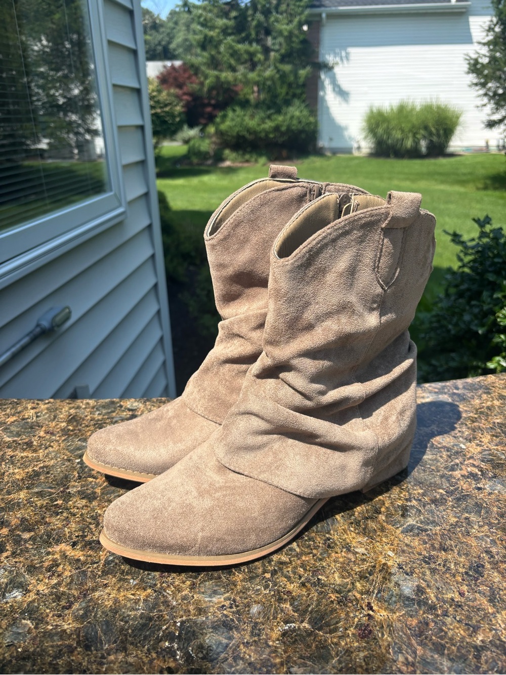 Rag & Co Bronco Slouchy Calf Boots Suede Taupe Western Rodeo Women size 41 US 10